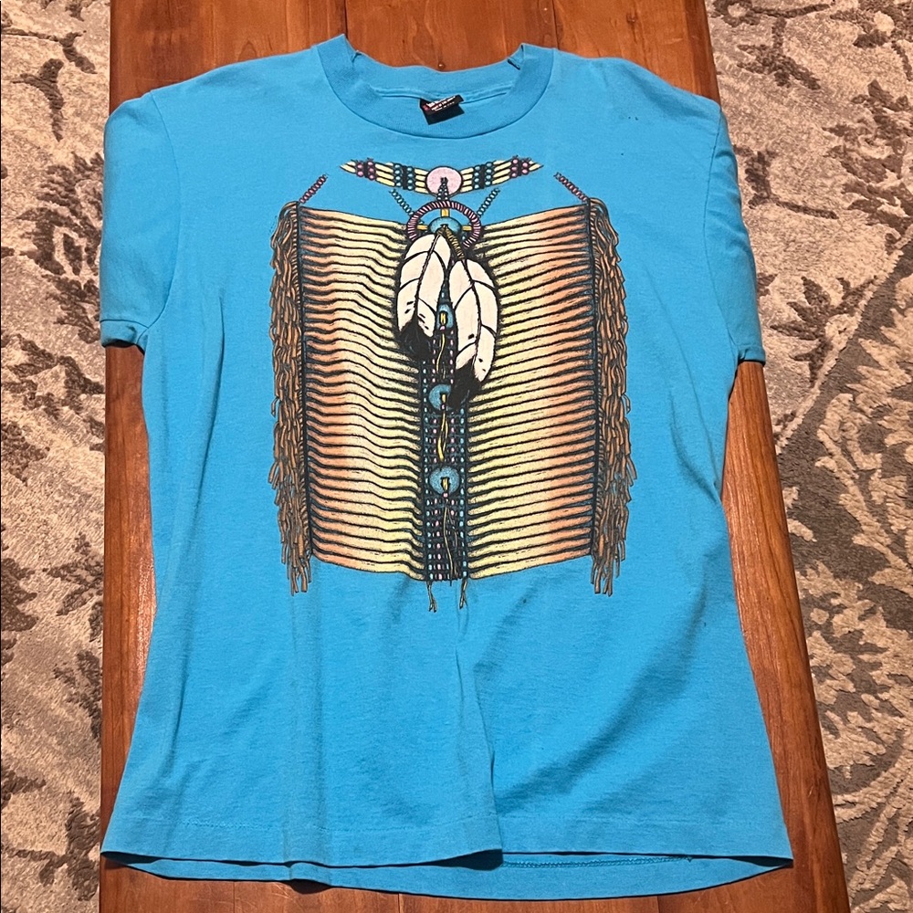 Vintage Fruit of the Loom Turquoise Tee with Native Design